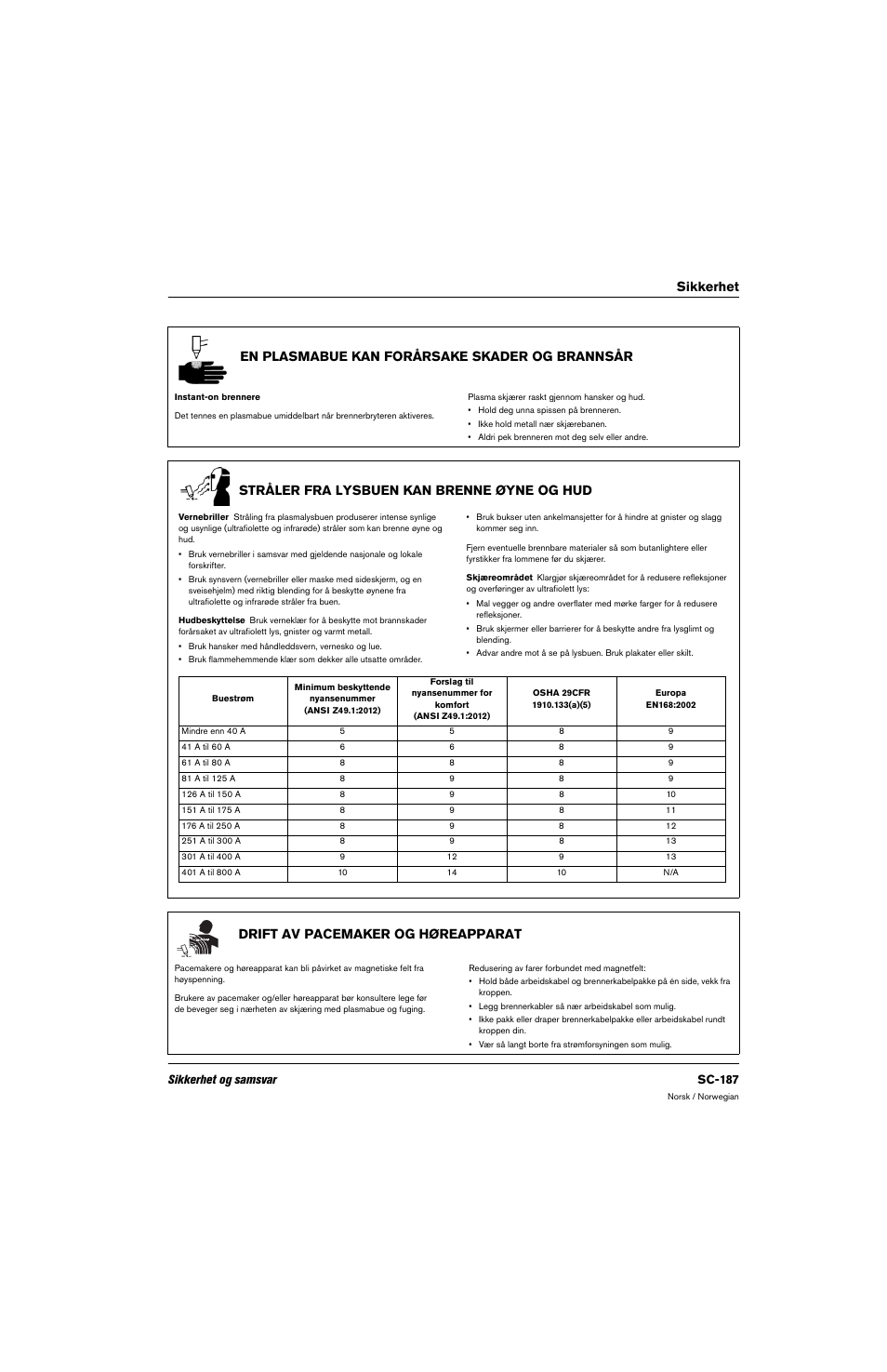 En plasmabue kan forårsake skader og brannsår, Stråler fra lysbuen kan brenne øyne og hud, Drift av pacemaker og høreapparat | Sikkerhet og samsvar sc-187 | Hypertherm 80669C Rev.2 User Manual | Page 187 / 304