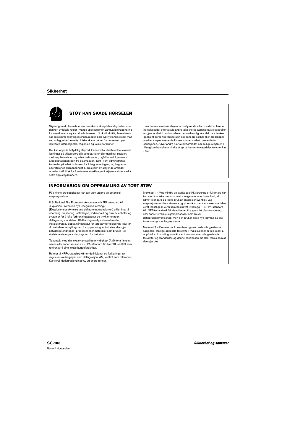 Støy kan skade hørselen, Informasjon om oppsamling av tørt støv, Sikkerhet støy kan skade hørselen | Hypertherm 80669C Rev.2 User Manual | Page 188 / 304