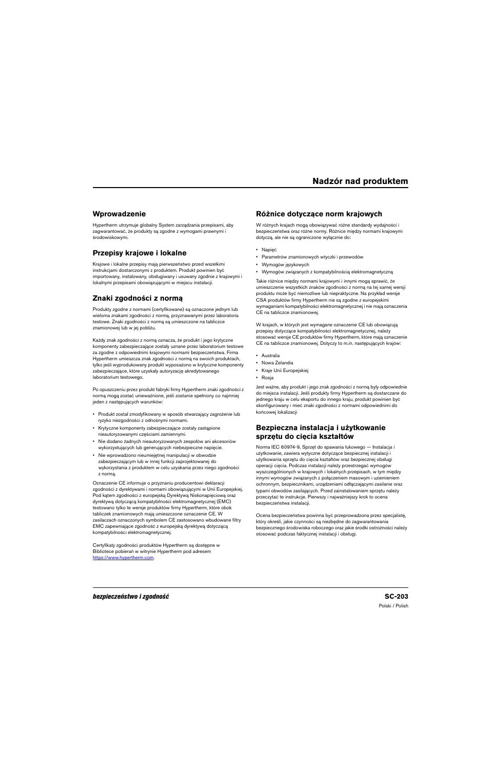 Nadzór nad produktem, Wprowadzenie, Przepisy krajowe i lokalne | Znaki zgodności z normą, Różnice dotyczące norm krajowych | Hypertherm 80669C Rev.2 User Manual | Page 203 / 304