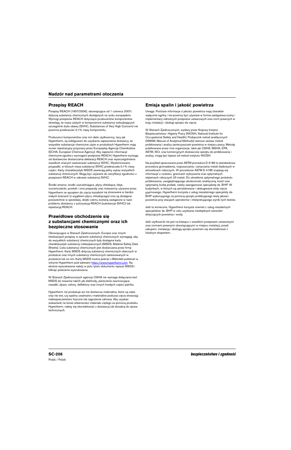 Przepisy reach, Emisja spalin i jakość powietrza, Nadzór nad parametrami otoczenia przepisy reach | Hypertherm 80669C Rev.2 User Manual | Page 206 / 304