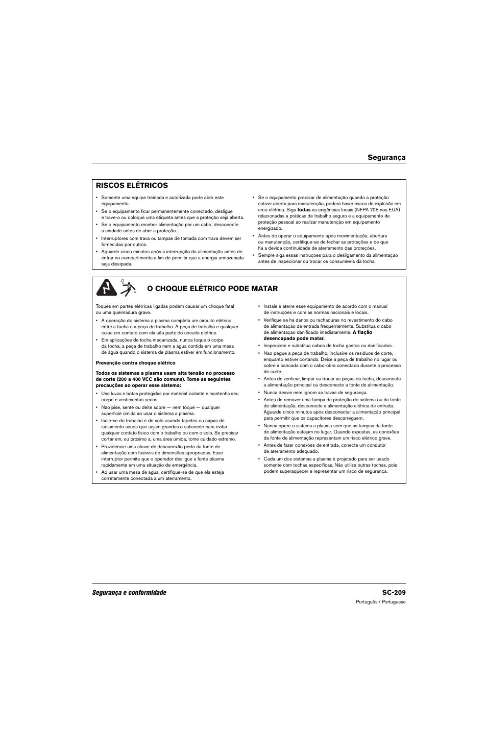 Riscos elétricos, O choque elétrico pode matar, Segurança riscos elétricos | Segurança e conformidade sc-209 | Hypertherm 80669C Rev.2 User Manual | Page 209 / 304