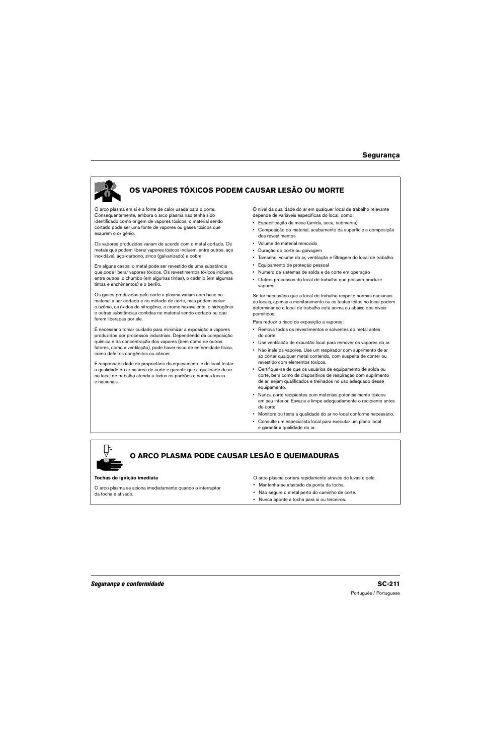 Os vapores tóxicos podem causar lesão ou morte, O arco plasma pode causar lesão e queimaduras, Segurança e conformidade sc-211 | Hypertherm 80669C Rev.2 User Manual | Page 211 / 304