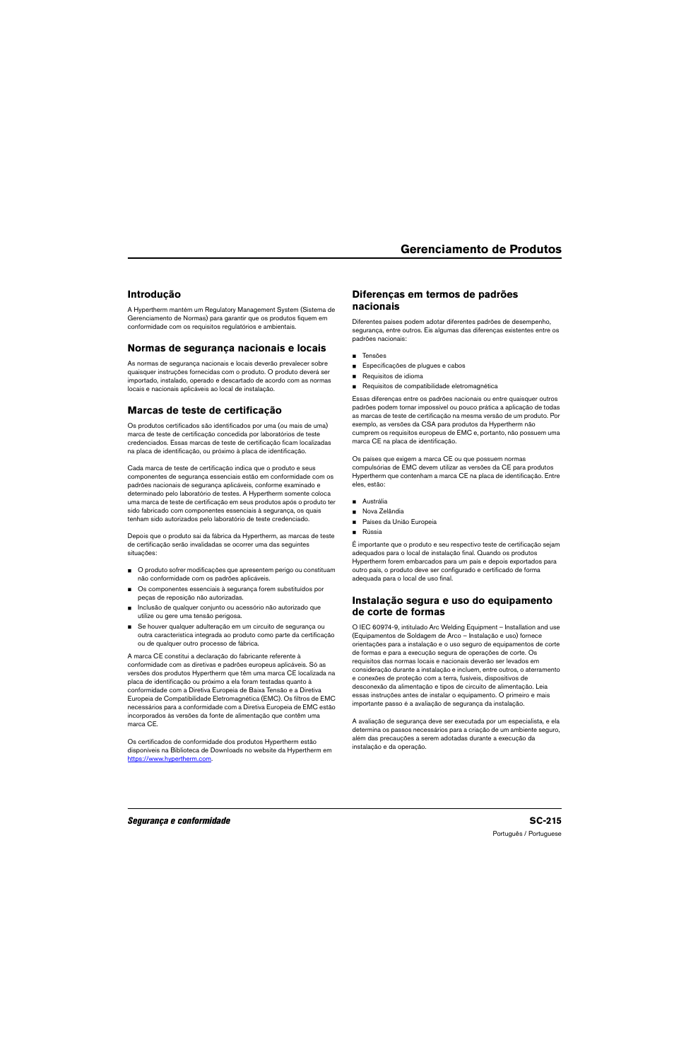 Gerenciamento de produtos, Introdução, Normas de segurança nacionais e locais | Marcas de teste de certificação, Diferenças em termos de padrões nacionais, Segurança e conformidade sc-215 | Hypertherm 80669C Rev.2 User Manual | Page 215 / 304