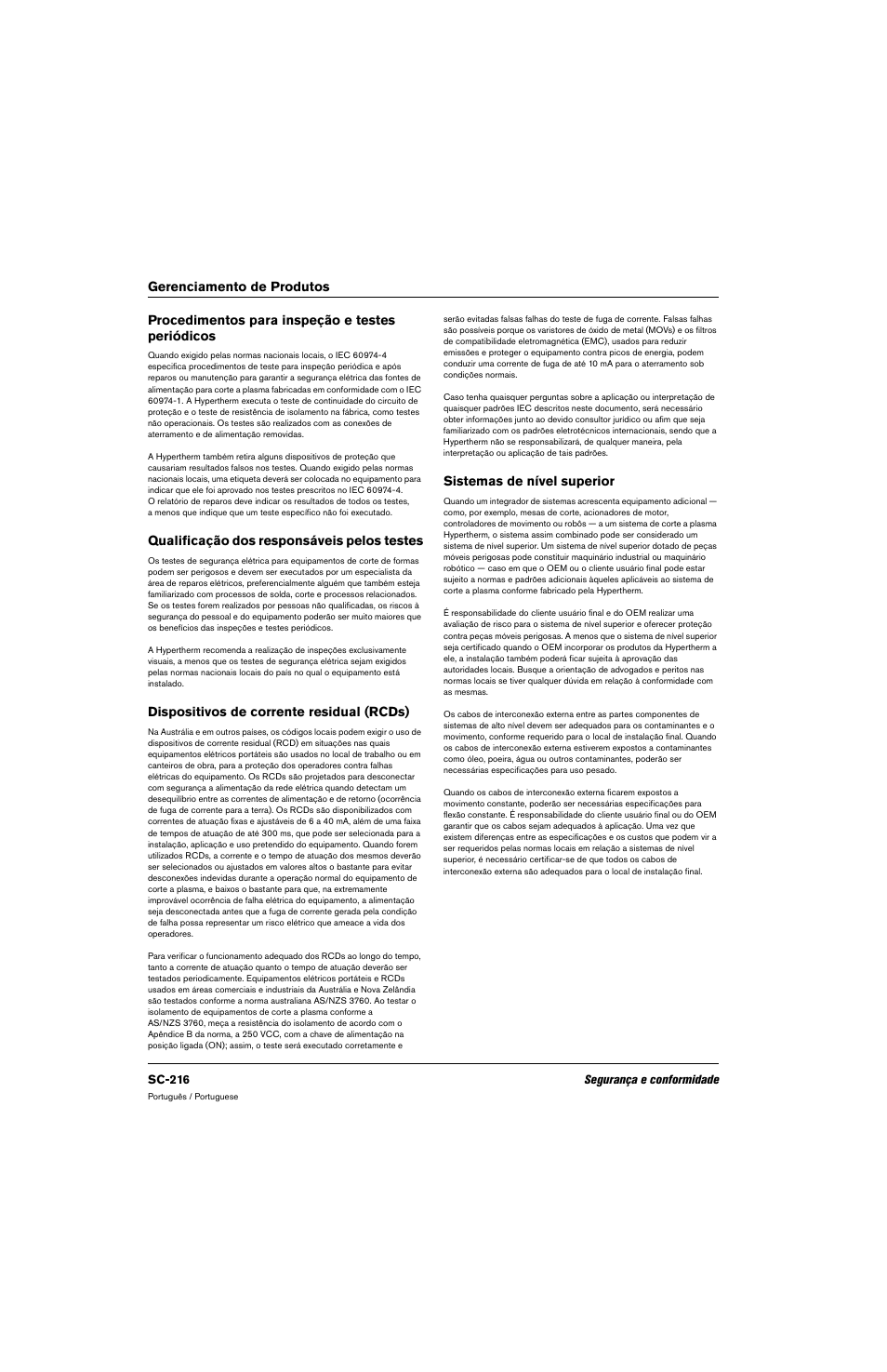 Procedimentos para inspeção e testes periódicos, Qualificação dos responsáveis pelos testes, Dispositivos de corrente residual (rcds) | Sistemas de nível superior | Hypertherm 80669C Rev.2 User Manual | Page 216 / 304