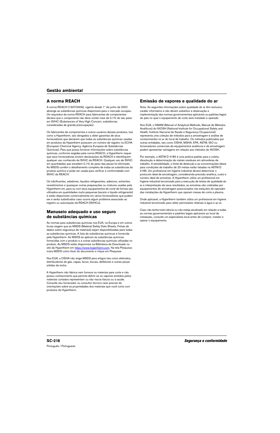 A norma reach, Emissão de vapores e qualidade do ar, Gestão ambiental a norma reach | Hypertherm 80669C Rev.2 User Manual | Page 218 / 304