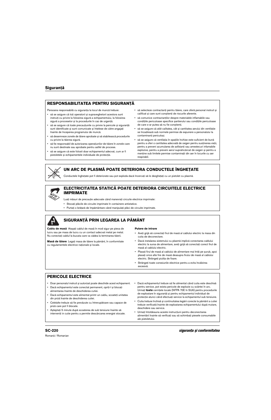 Responsabilitatea pentru siguranţă, Siguranţă prin legarea la pământ, Pericole electrice | Siguranţă responsabilitatea pentru siguranţă | Hypertherm 80669C Rev.2 User Manual | Page 220 / 304