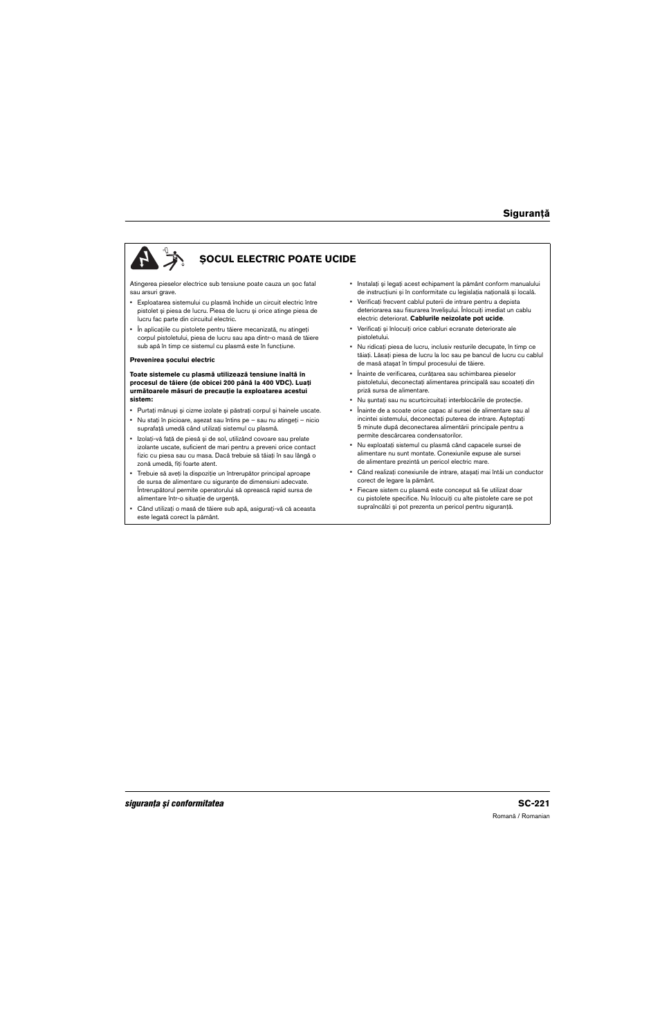 Şocul electric poate ucide, Siguranţă şocul electric poate ucide, Siguranţa şi conformitatea sc-221 | Hypertherm 80669C Rev.2 User Manual | Page 221 / 304