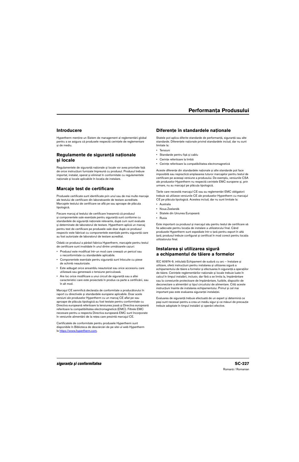 Performanţa produsului, Introducere, Regulamente de siguranţă naţionale şi locale | Marcaje test de certificare, Diferenţe în standardele naţionale | Hypertherm 80669C Rev.2 User Manual | Page 227 / 304