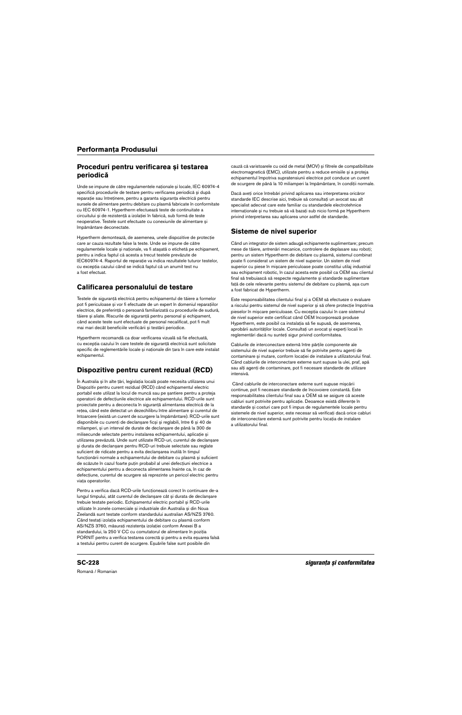 Proceduri pentru verificarea şi testarea periodică, Calificarea personalului de testare, Dispozitive pentru curent rezidual (rcd) | Sisteme de nivel superior | Hypertherm 80669C Rev.2 User Manual | Page 228 / 304