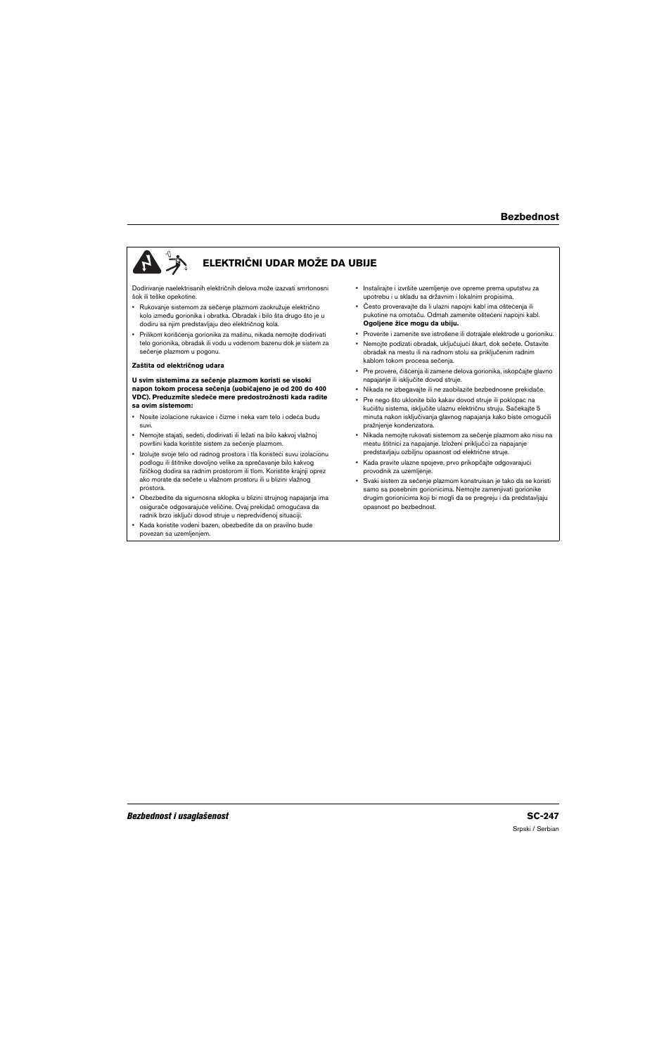 Električni udar može da ubije, Bezbednost električni udar može da ubije, Bezbednost i usaglašenost sc-247 | Hypertherm 80669C Rev.2 User Manual | Page 247 / 304