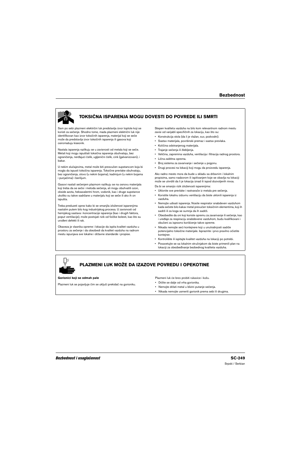 Plazmeni luk može da izazove povredu i opekotine | Hypertherm 80669C Rev.2 User Manual | Page 249 / 304