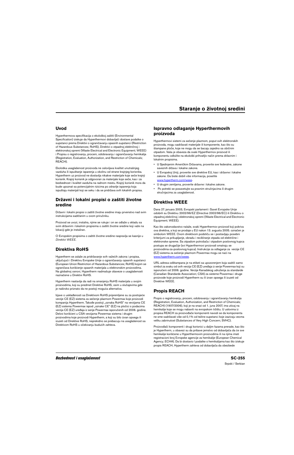 Staranje o životnoj sredini, Uvod, Direktiva rohs | Ispravno odlaganje hyperthermovih proizvoda, Direktiva weee, Propis reach | Hypertherm 80669C Rev.2 User Manual | Page 255 / 304