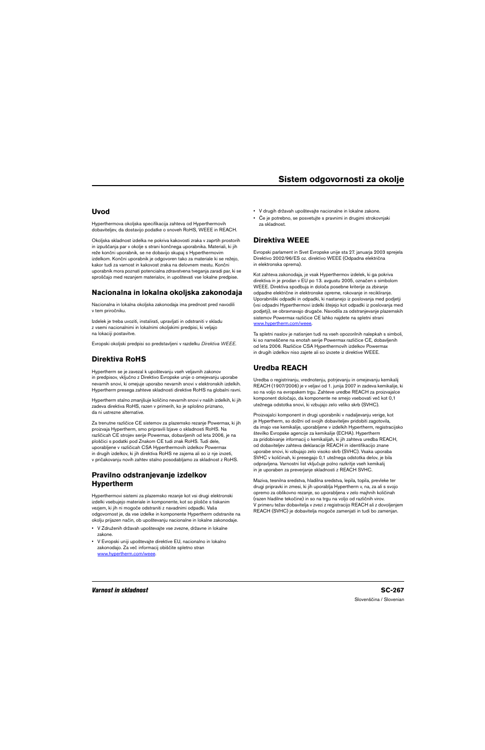 Sistem odgovornosti za okolje, Uvod, Nacionalna in lokalna okoljska zakonodaja | Direktiva rohs, Pravilno odstranjevanje izdelkov hypertherm, Direktiva weee, Uredba reach | Hypertherm 80669C Rev.2 User Manual | Page 267 / 304