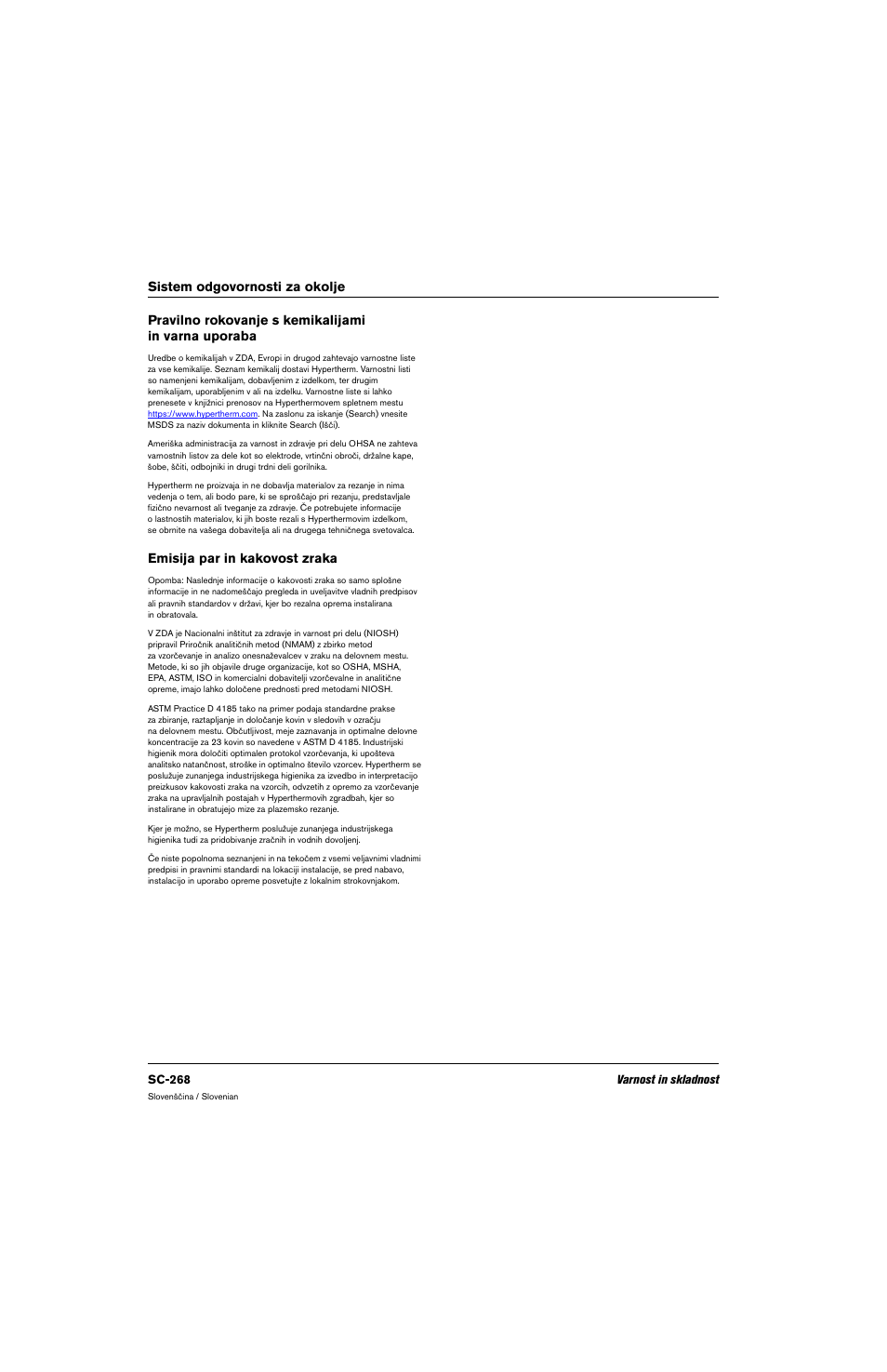 Pravilno rokovanje s kemikalijami in varna uporaba, Emisija par in kakovost zraka | Hypertherm 80669C Rev.2 User Manual | Page 268 / 304