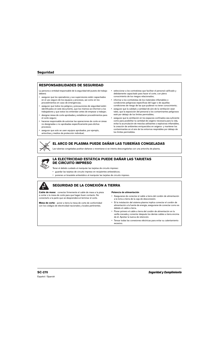 Responsabilidades de seguridad, Seguridad de la conexión a tierra, Seguridad responsabilidades de seguridad | Hypertherm 80669C Rev.2 User Manual | Page 270 / 304