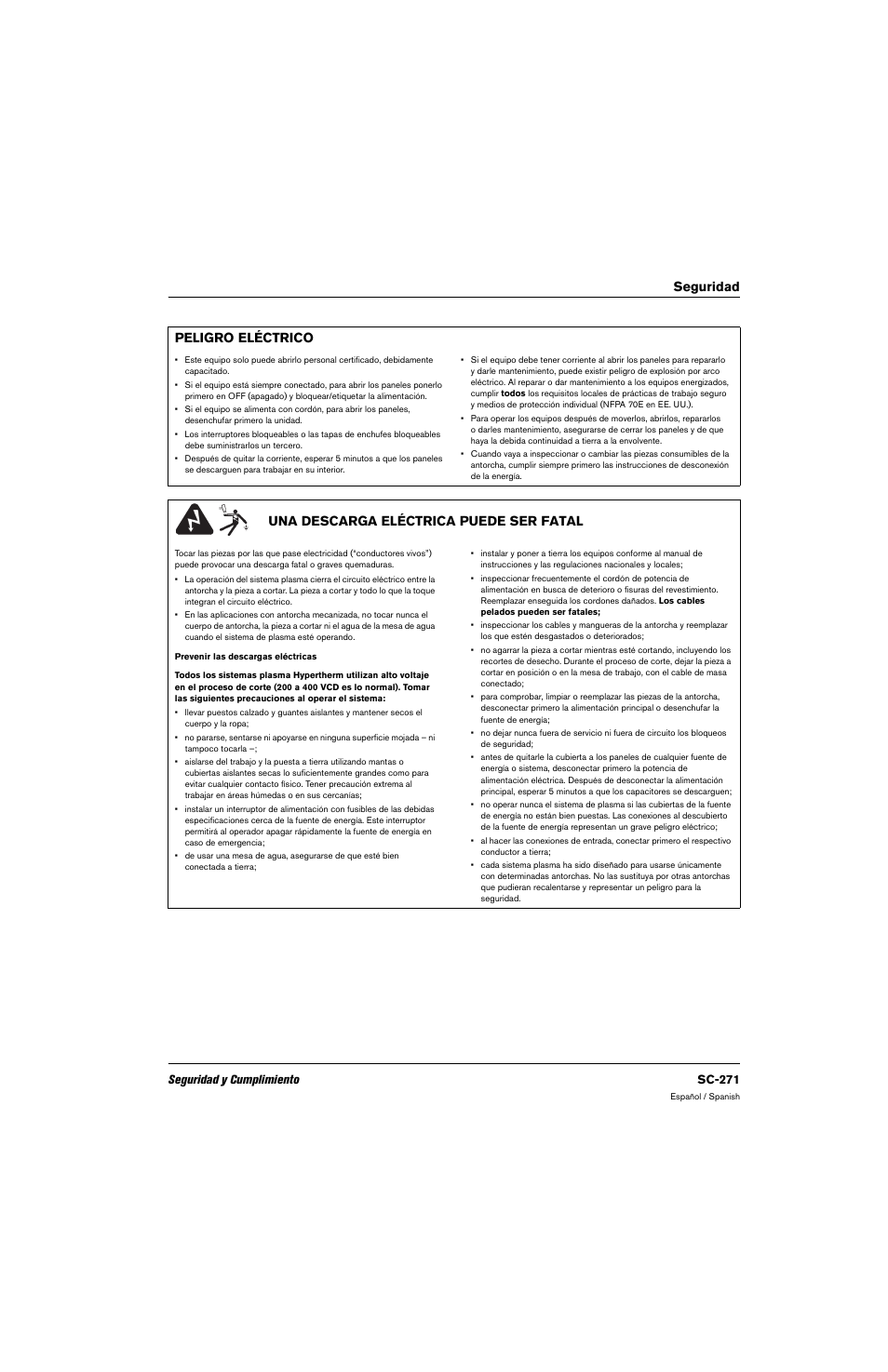 Peligro eléctrico, Una descarga eléctrica puede ser fatal, Seguridad peligro eléctrico | Seguridad y cumplimiento sc-271 | Hypertherm 80669C Rev.2 User Manual | Page 271 / 304