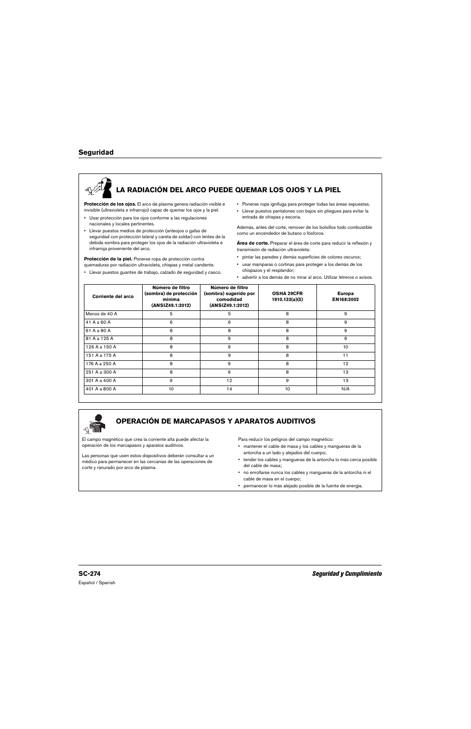 Operación de marcapasos y aparatos auditivos, Sc-274 seguridad y cumplimiento | Hypertherm 80669C Rev.2 User Manual | Page 274 / 304