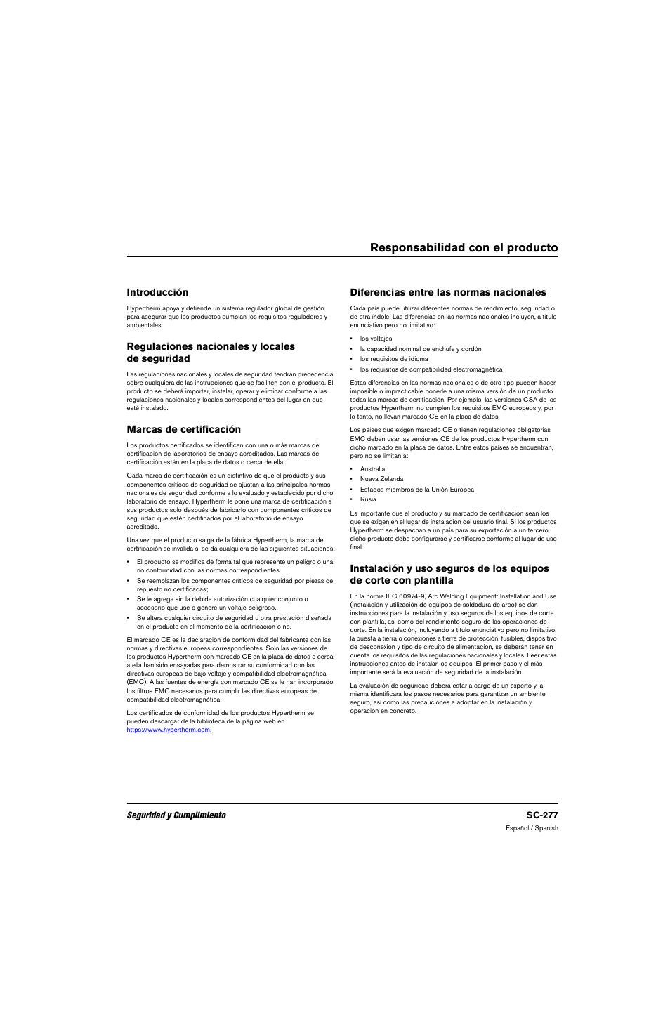 Responsabilidad con el producto, Introducción, Regulaciones nacionales y locales de seguridad | Marcas de certificación, Diferencias entre las normas nacionales | Hypertherm 80669C Rev.2 User Manual | Page 277 / 304