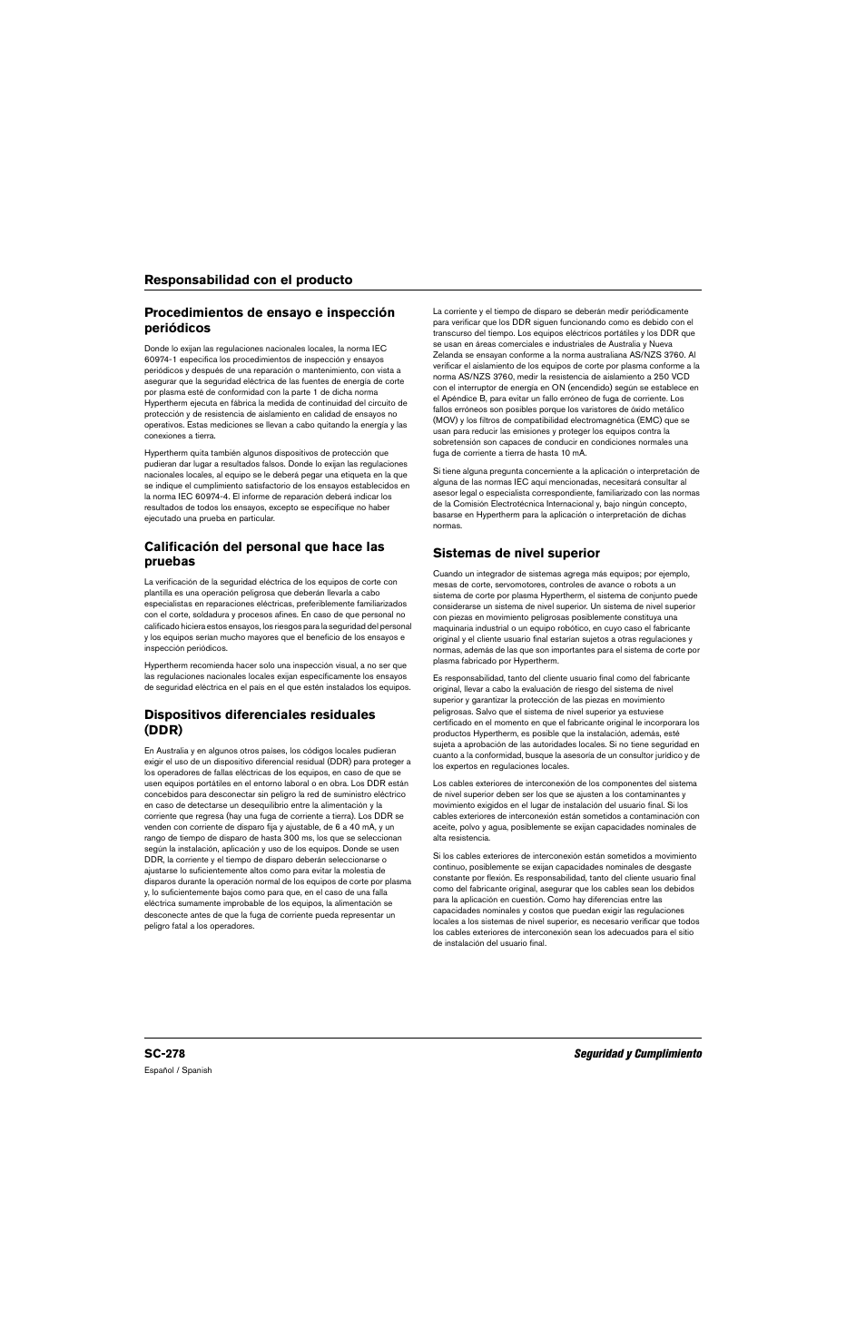 Procedimientos de ensayo e inspección periódicos, Calificación del personal que hace las pruebas, Dispositivos diferenciales residuales (ddr) | Sistemas de nivel superior | Hypertherm 80669C Rev.2 User Manual | Page 278 / 304