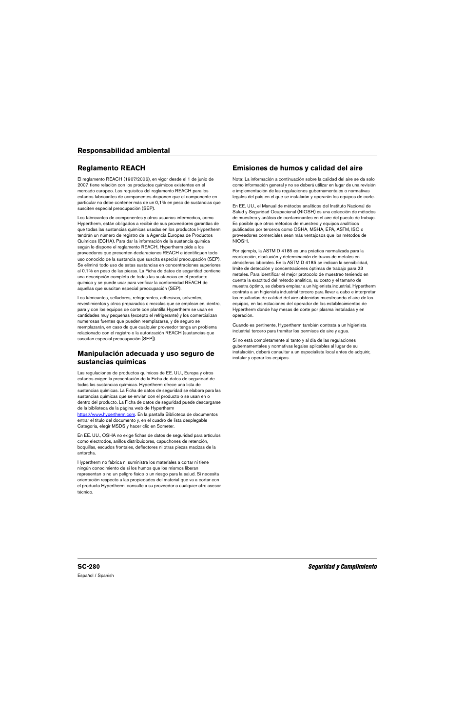 Reglamento reach, Emisiones de humos y calidad del aire, Responsabilidad ambiental reglamento reach | Hypertherm 80669C Rev.2 User Manual | Page 280 / 304