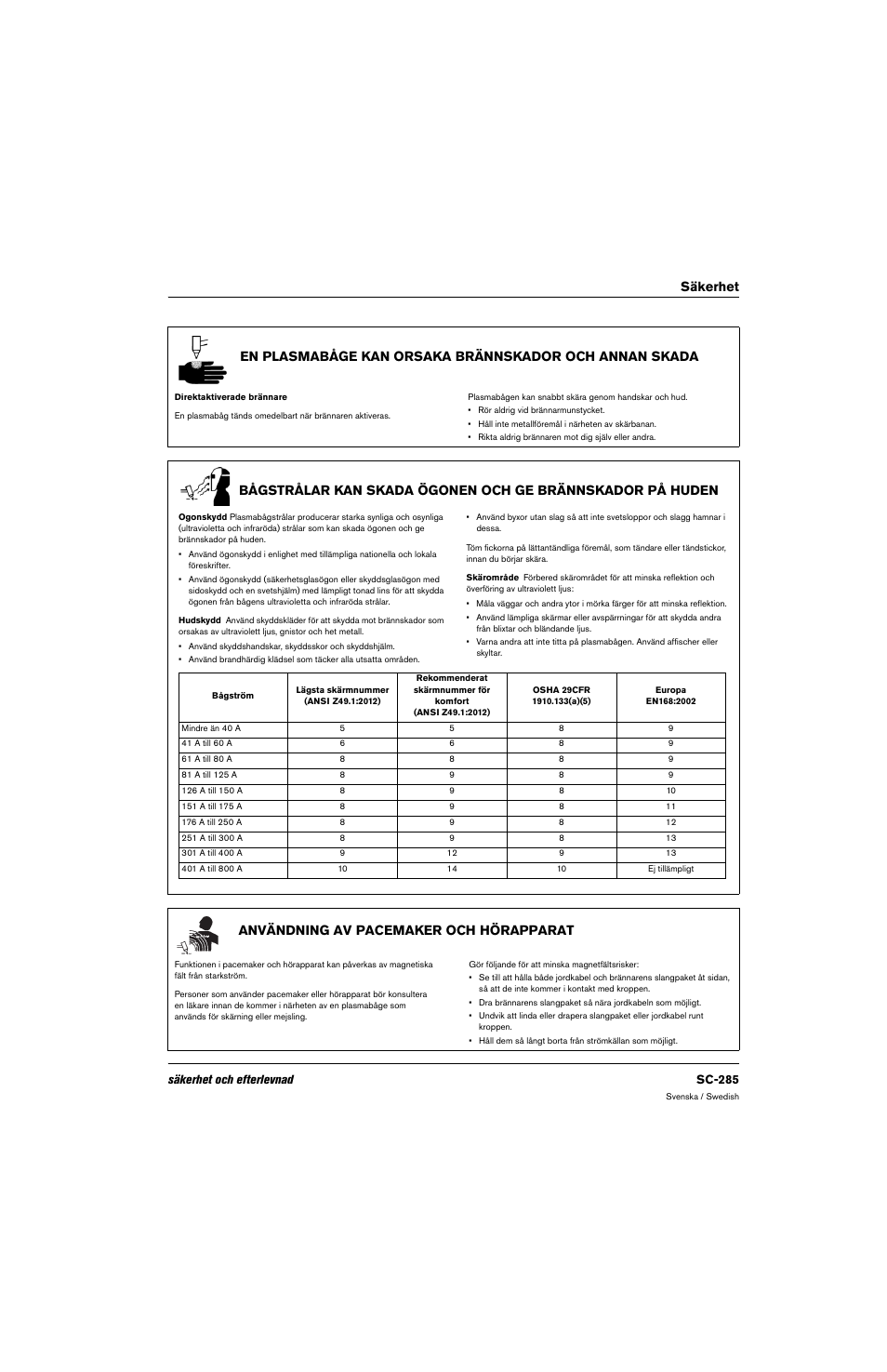 Användning av pacemaker och hörapparat, Säkerhet och efterlevnad sc-285 | Hypertherm 80669C Rev.2 User Manual | Page 285 / 304