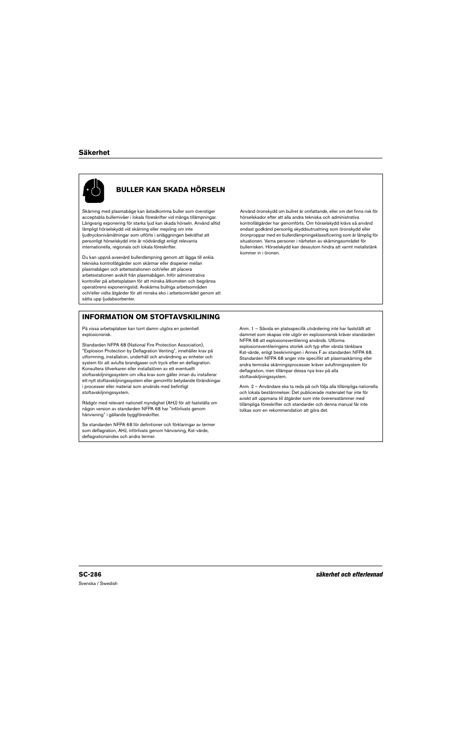 Buller kan skada hörseln, Information om stoftavskiljning, Säkerhet buller kan skada hörseln | Hypertherm 80669C Rev.2 User Manual | Page 286 / 304