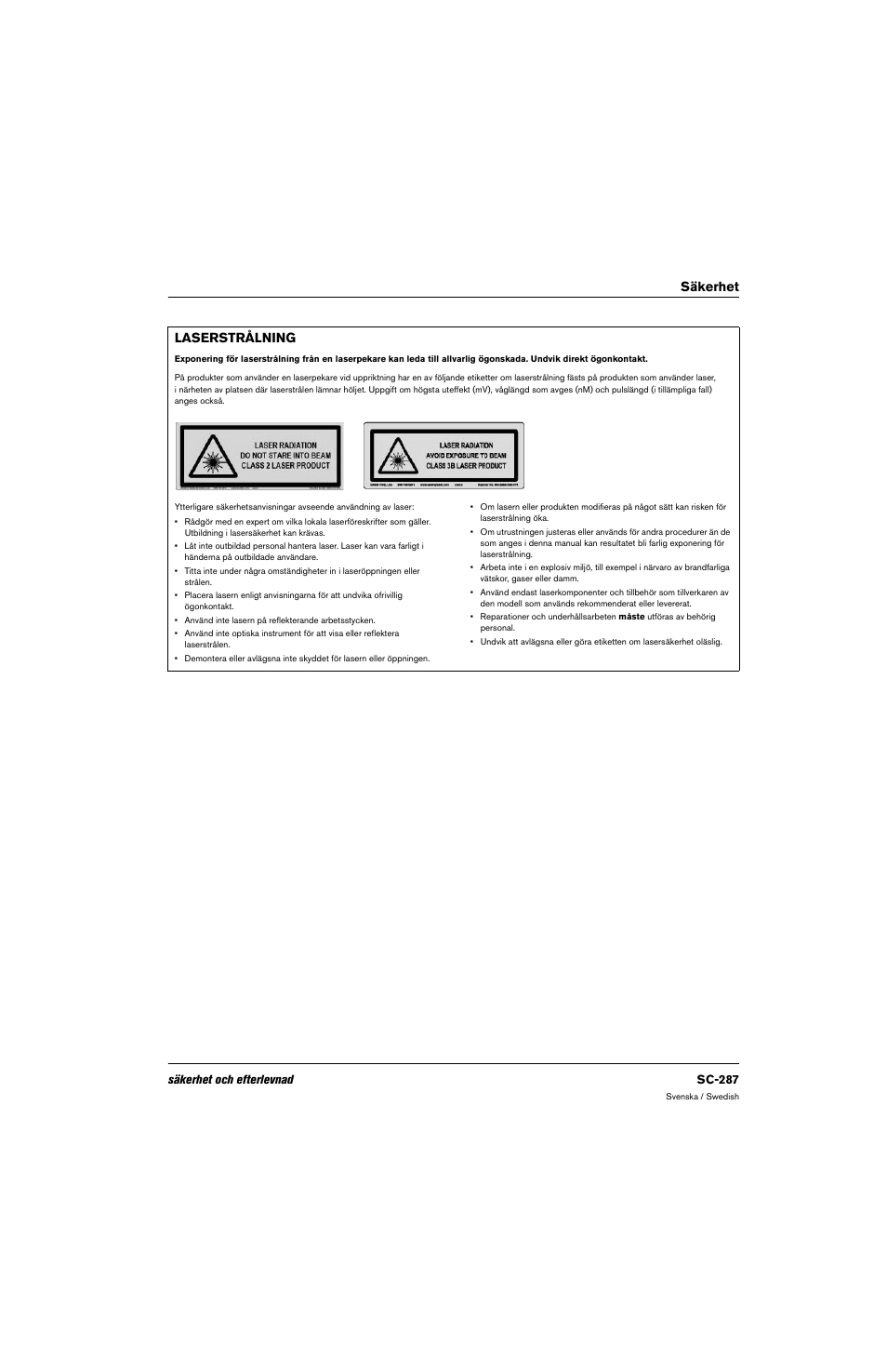 Laserstrålning, Säkerhet laserstrålning | Hypertherm 80669C Rev.2 User Manual | Page 287 / 304