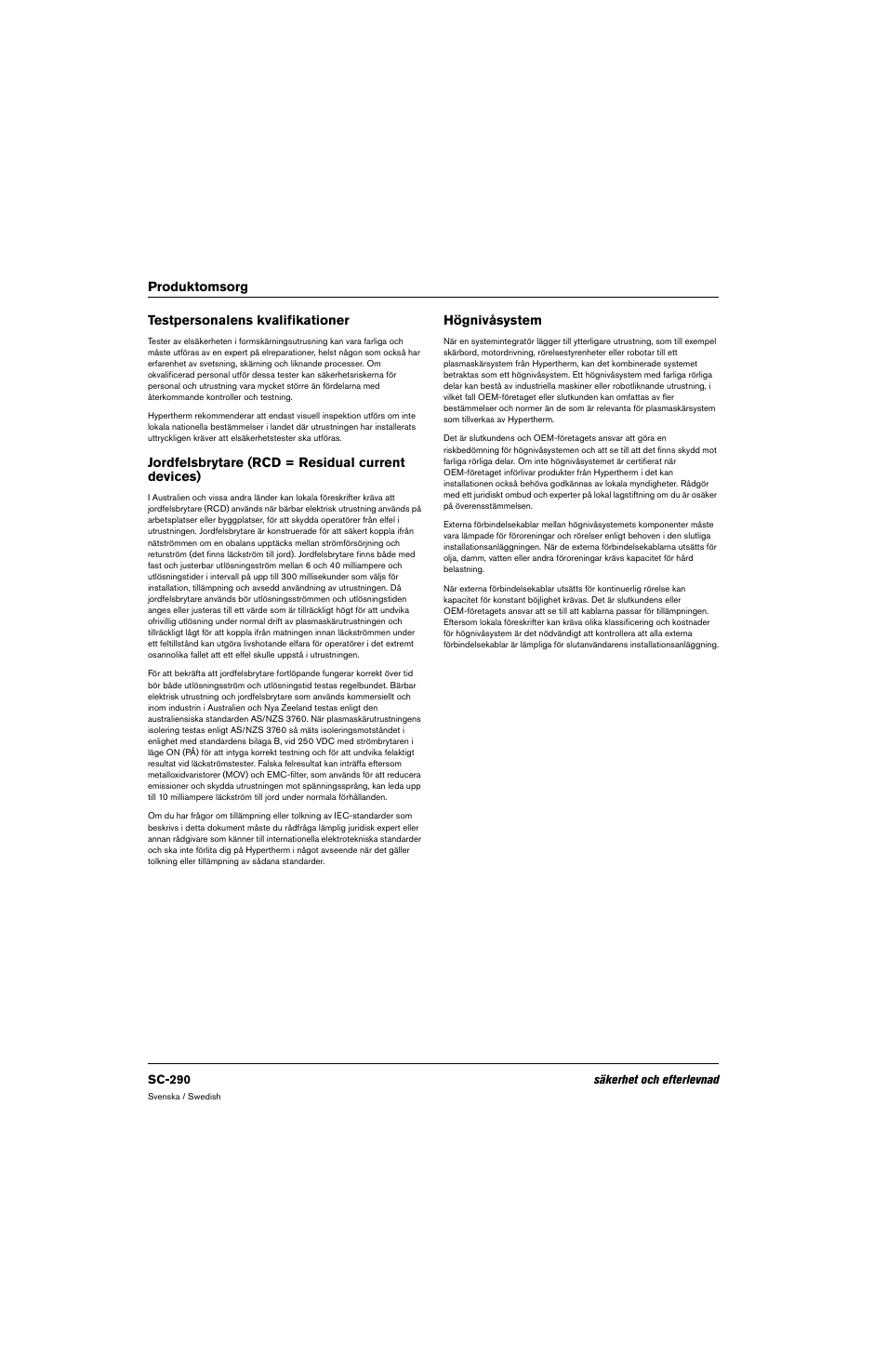 Testpersonalens kvalifikationer, Jordfelsbrytare (rcd = residual current devices), Högnivåsystem | Hypertherm 80669C Rev.2 User Manual | Page 290 / 304