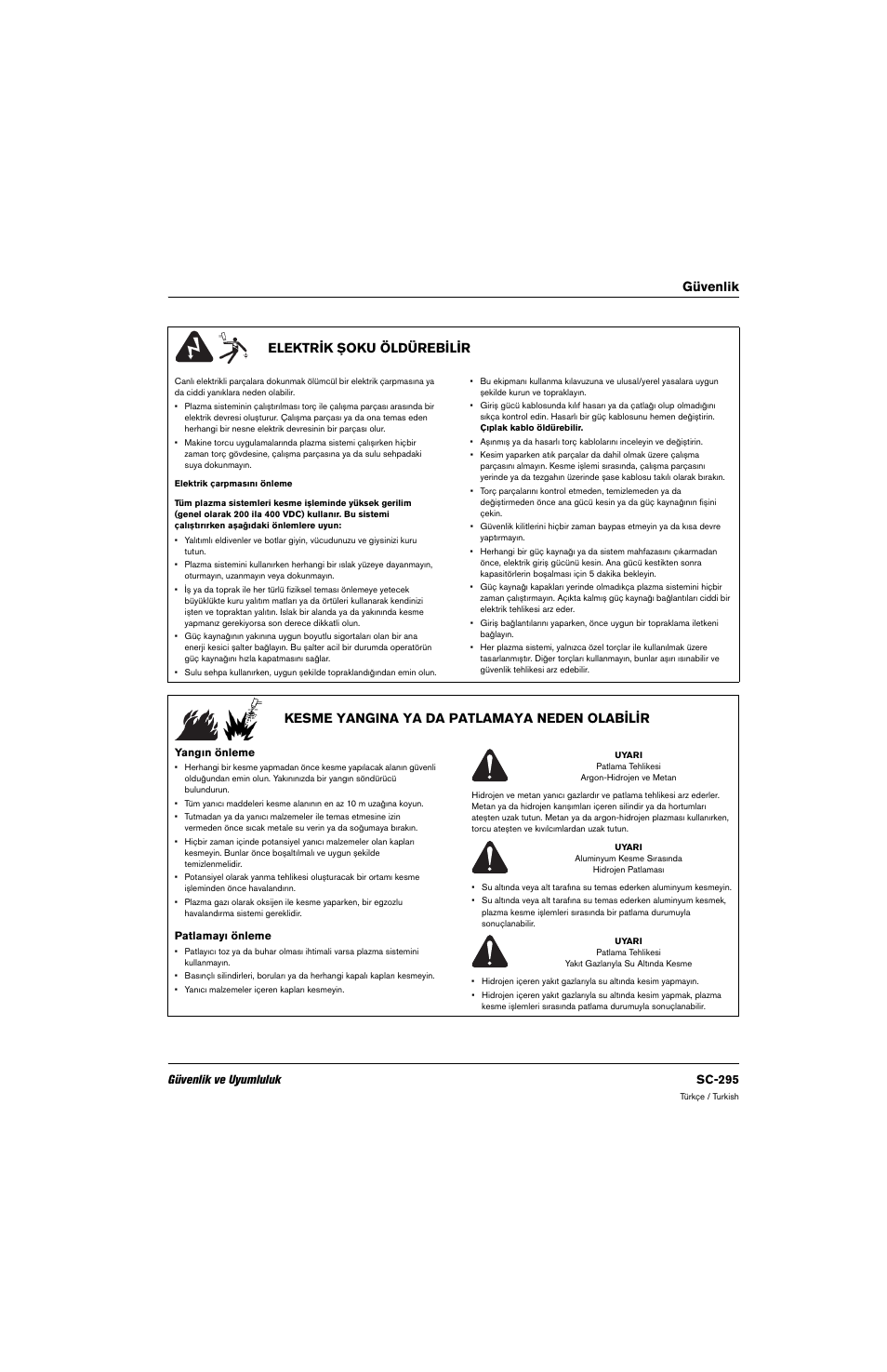 Elektrik şoku öldürebilir, Kesme yangına ya da patlamaya neden olabilir, Yangın önleme | Patlamayı önleme, Güvenlik elektrik şoku öldürebilir, Kesme yangina ya da patlamaya neden olabilir, Güvenlik ve uyumluluk sc-295 | Hypertherm 80669C Rev.2 User Manual | Page 295 / 304
