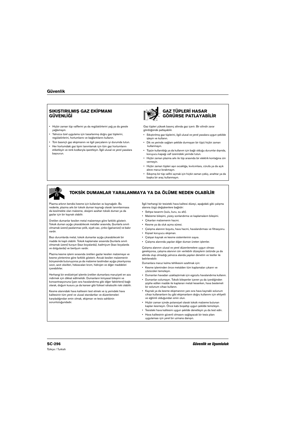 Sıkıştırılmış gaz ekipmanı güvenliği, Gaz tüpleri hasar görürse patlayabilir, Sc-296 güvenlik ve uyumluluk | Hypertherm 80669C Rev.2 User Manual | Page 296 / 304