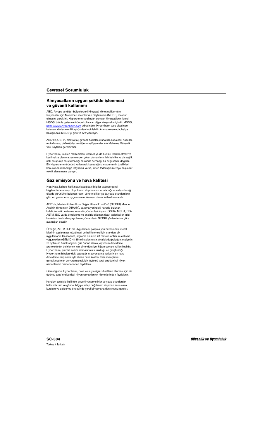 Gaz emisyonu ve hava kalitesi | Hypertherm 80669C Rev.2 User Manual | Page 304 / 304