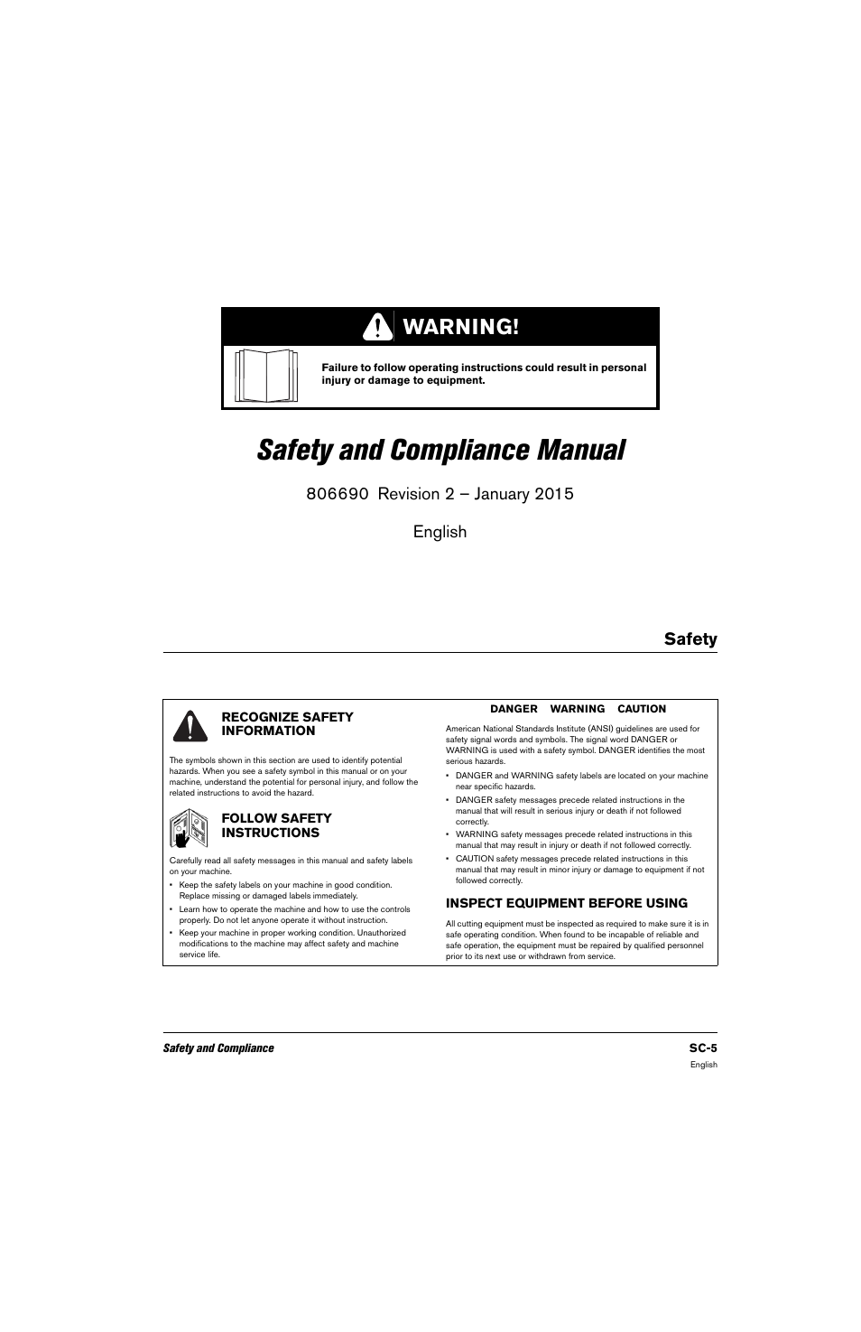 English, Safety, Recognize safety information | Inspect equipment before using, Follow safety instructions, Safety and compliance manual, Warning | Hypertherm 80669C Rev.2 User Manual | Page 5 / 304