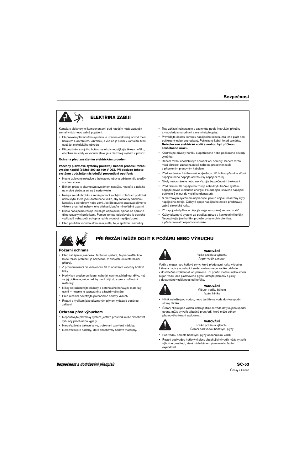 Elektřina zabíjí, Při řezání může dojít k požáru nebo výbuchu, Požární ochrana | Ochrana před výbuchem, Bezpečnost elektřina zabíjí, Bezpečnost a dodržování předpisů sc-53 | Hypertherm 80669C Rev.2 User Manual | Page 53 / 304