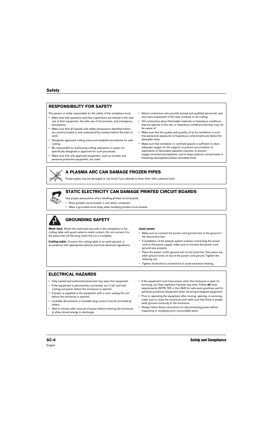 Responsibility for safety, A plasma arc can damage frozen pipes, Grounding safety | Electrical hazards, Safety responsibility for safety | Hypertherm 80669C Rev.2 User Manual | Page 6 / 304