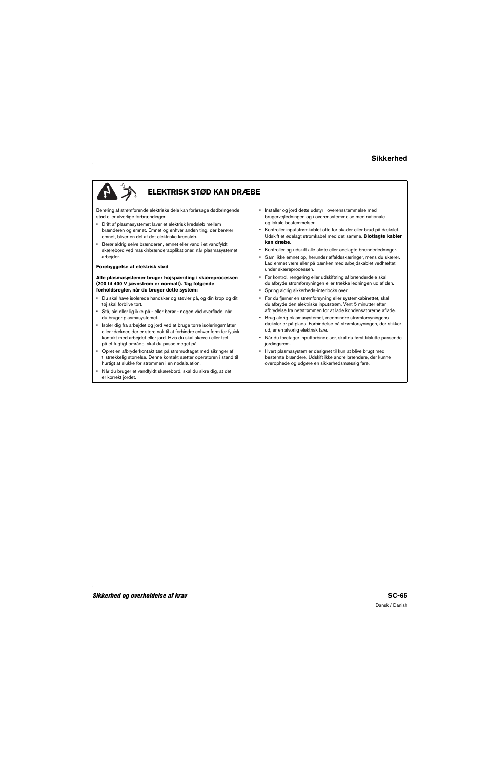 Elektrisk stød kan dræbe, Sikkerhed elektrisk stød kan dræbe, Sikkerhed og overholdelse af krav sc-65 | Hypertherm 80669C Rev.2 User Manual | Page 65 / 304