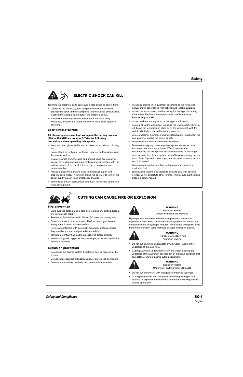 Electric shock can kill, Cutting can cause fire or explosion, Fire prevention | Explosion prevention, Safety electric shock can kill, Safety and compliance sc-7 | Hypertherm 80669C Rev.2 User Manual | Page 7 / 304