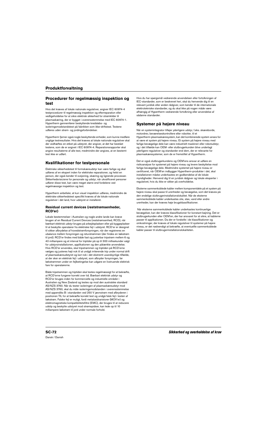 Procedurer for regelmæssig inspektion og test, Kvalifikationer for testpersonale, Systemer på højere niveau | Hypertherm 80669C Rev.2 User Manual | Page 72 / 304