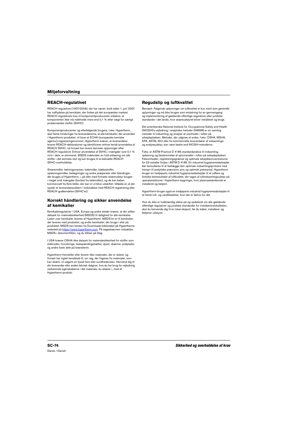 Reach-regulativet, Røgudslip og luftkvalitet, Miljøforvaltning reach-regulativet | Hypertherm 80669C Rev.2 User Manual | Page 74 / 304