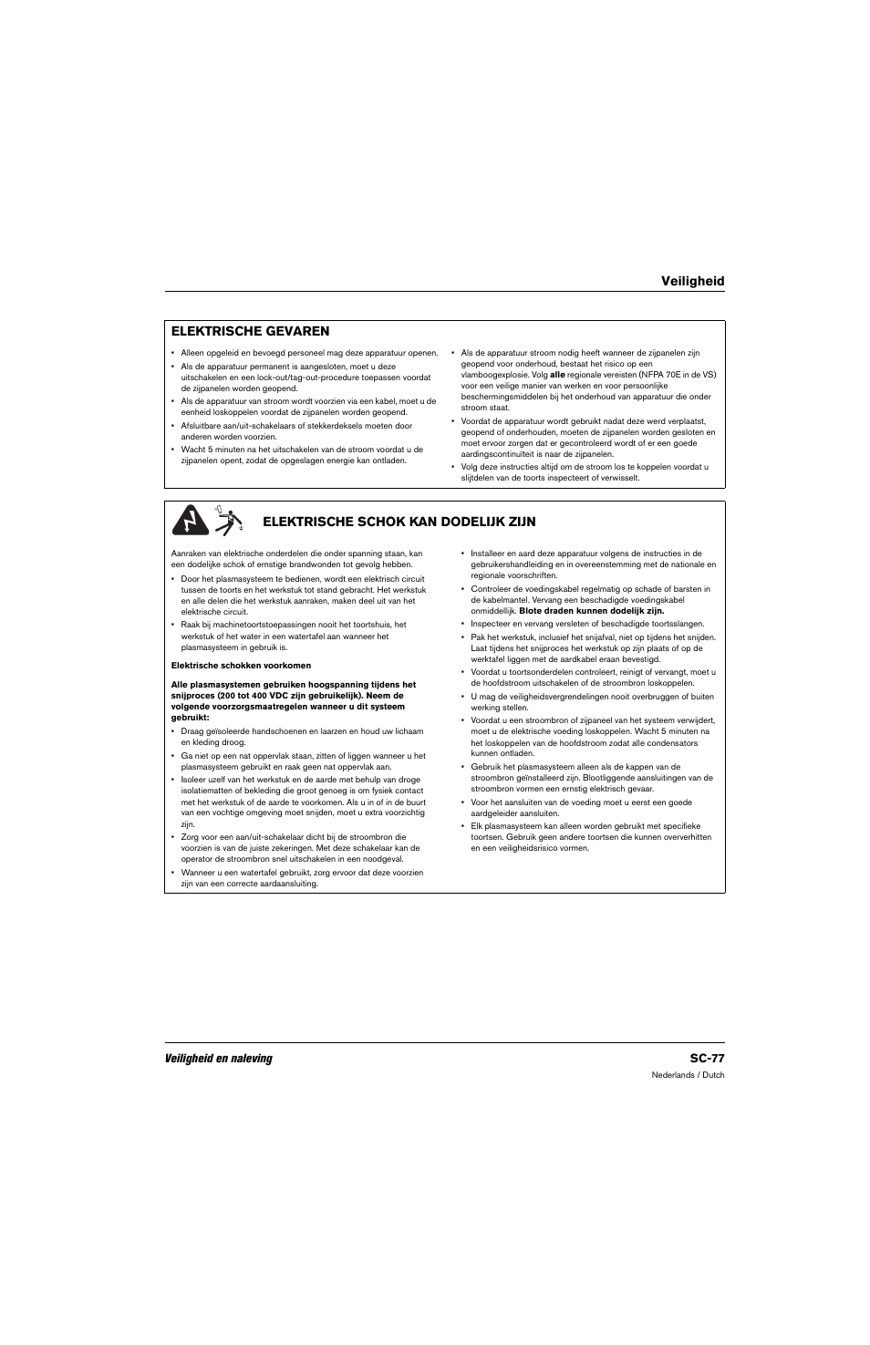 Elektrische gevaren, Elektrische schok kan dodelijk zijn, Veiligheid elektrische gevaren | Veiligheid en naleving sc-77 | Hypertherm 80669C Rev.2 User Manual | Page 77 / 304