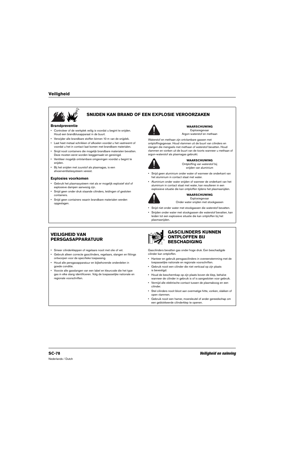 Snijden kan brand of een explosie veroorzaken, Brandpreventie, Explosies voorkomen | Veiligheid van persgasapparatuur, Gascilinders kunnen ontploffen bij beschadiging, Sc-78 veiligheid en naleving | Hypertherm 80669C Rev.2 User Manual | Page 78 / 304