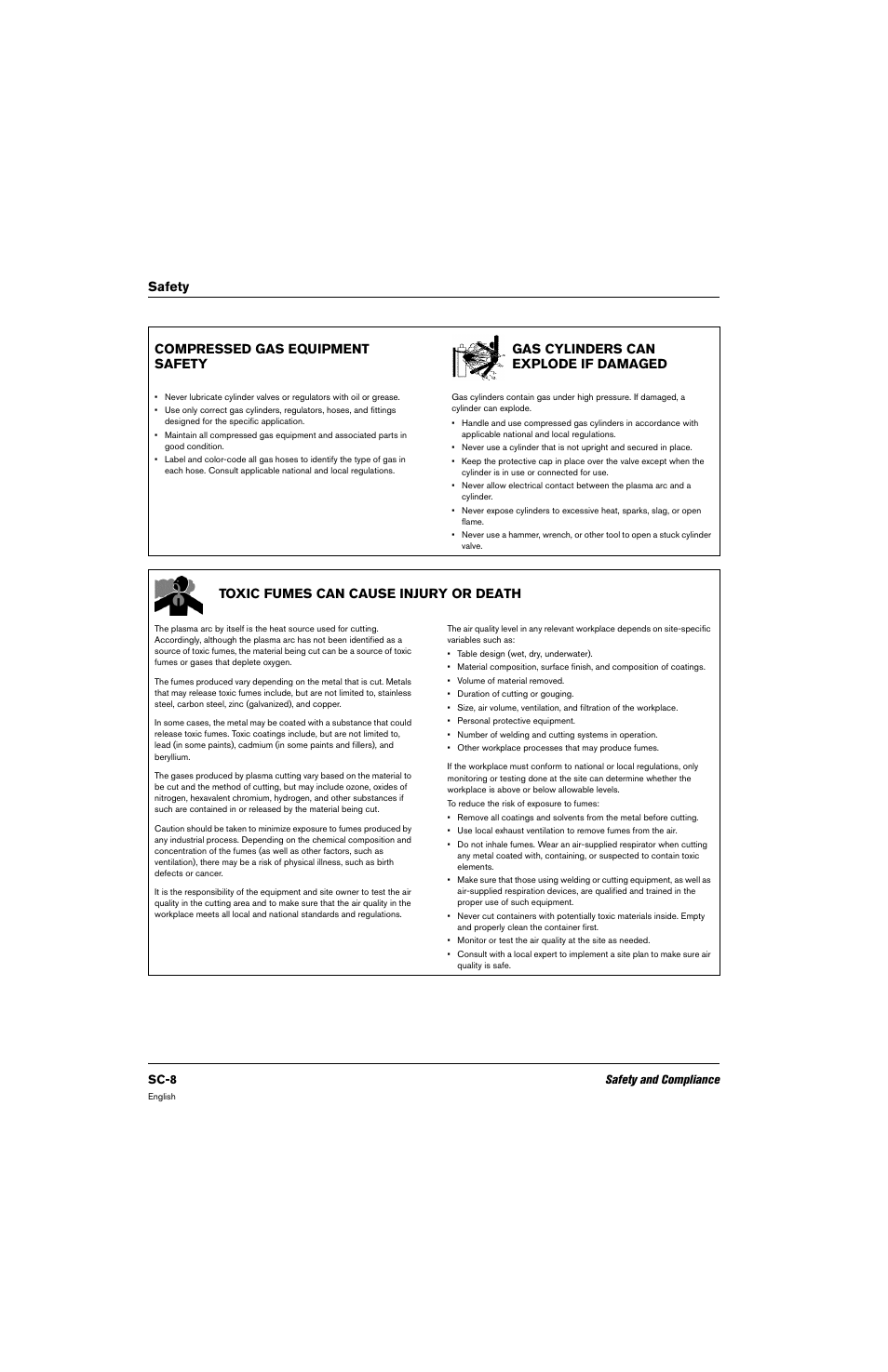 Compressed gas equipment safety, Gas cylinders can explode if damaged, Toxic fumes can cause injury or death | Sc-8 safety and compliance | Hypertherm 80669C Rev.2 User Manual | Page 8 / 304