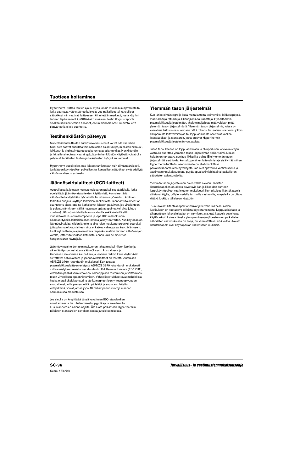 Testihenkilöstön pätevyys, Jäännösvirtalaitteet (rcd-laitteet), Ylemmän tason järjestelmät | Hypertherm 80669C Rev.2 User Manual | Page 96 / 304