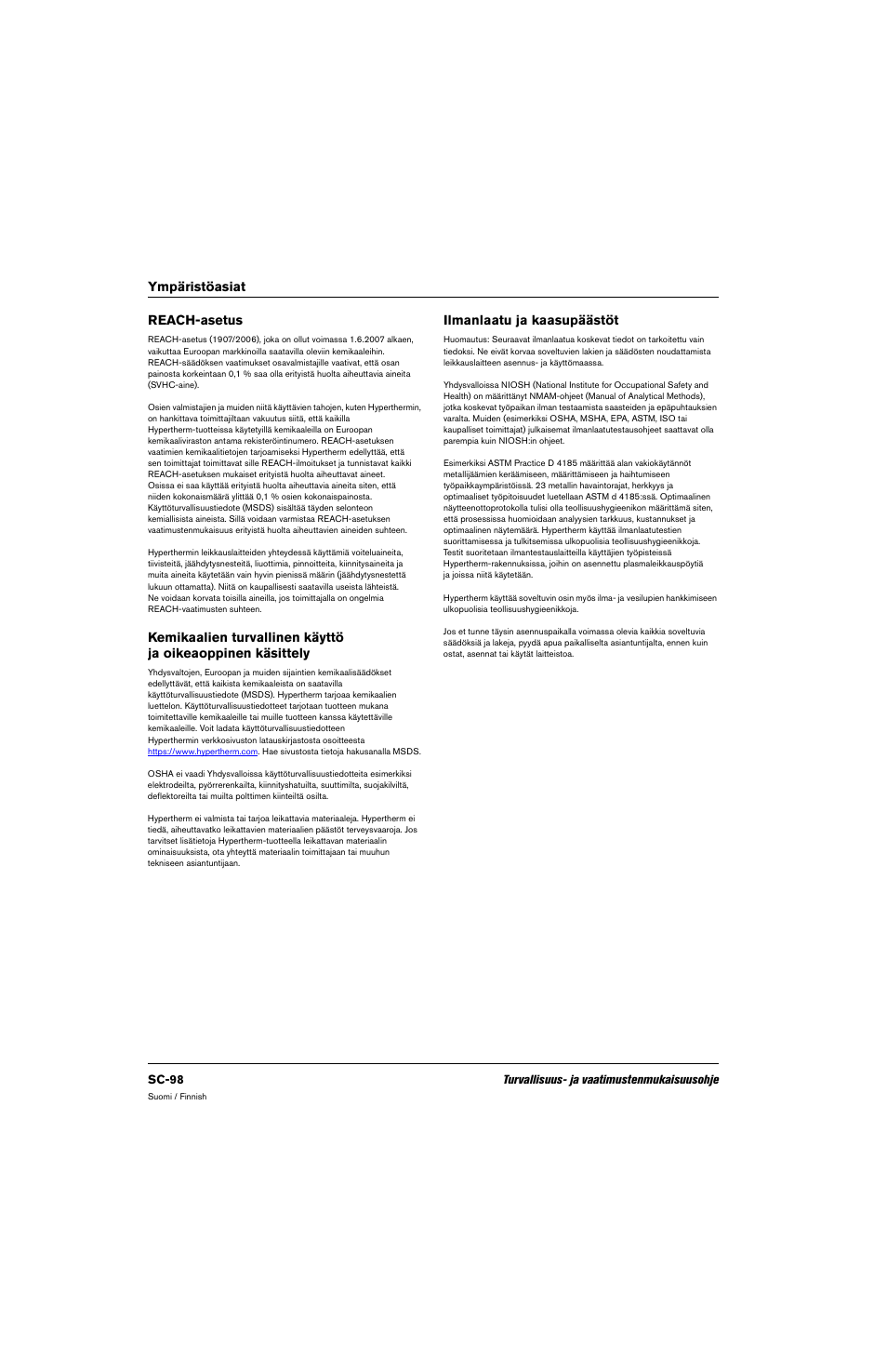 Reach-asetus, Ilmanlaatu ja kaasupäästöt, Ympäristöasiat reach-asetus | Hypertherm 80669C Rev.2 User Manual | Page 98 / 304