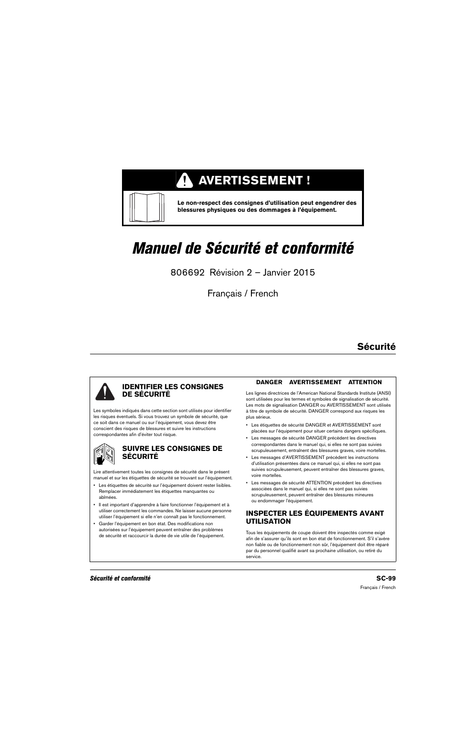 Français / french, Sécurité, Identifier les consignes de sécurité | Inspecter les équipements avant utilisation, Suivre les consignes de sécurité, Manuel de sécurité et conformité, Avertissement | Hypertherm 80669C Rev.2 User Manual | Page 99 / 304