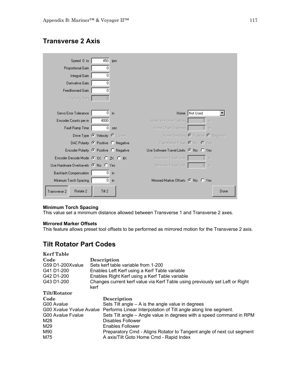 Transverse 2 axis, Tilt rotator part codes | Hypertherm HTA Rev 6.00 Install Guide User Manual | Page 129 / 242