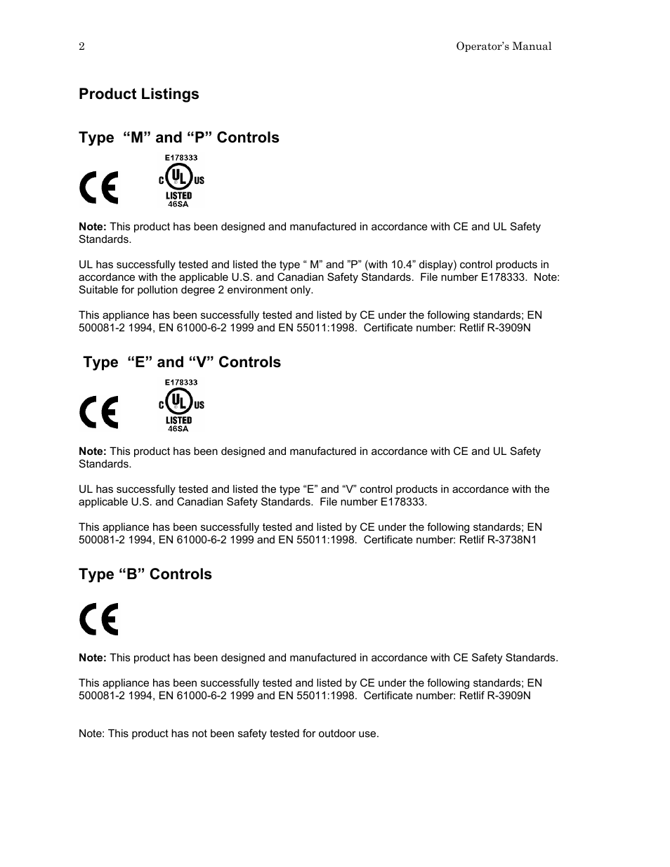 Product listings, Type “m” and “p” controls, Type “e” and “v” controls | Type “b” controls | Hypertherm HTA Rev 6.00 Operators Manual User Manual | Page 16 / 212
