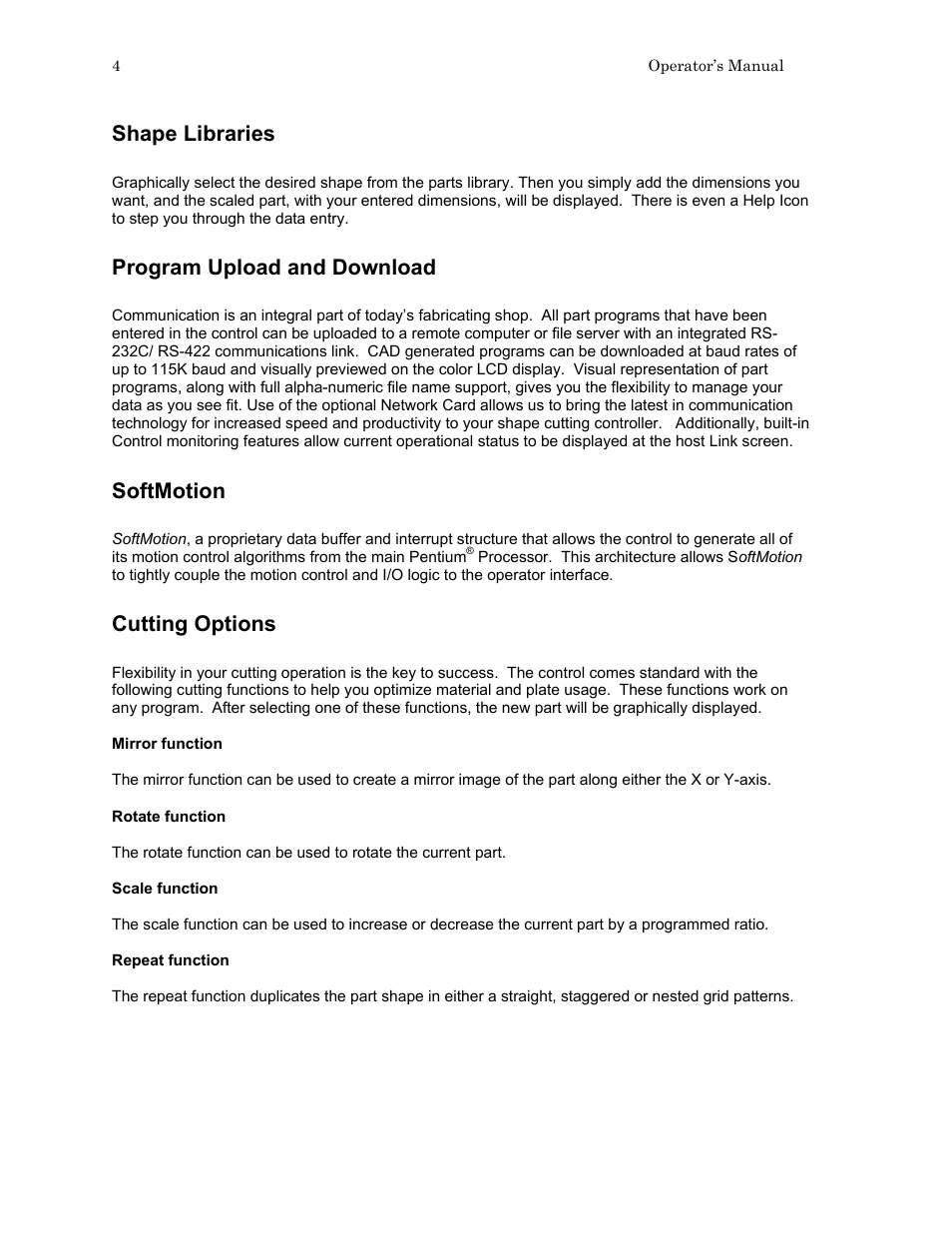 Shape libraries, Program upload and download, Softmotion | Cutting options | Hypertherm HTA Rev 6.00 Operators Manual User Manual | Page 18 / 212