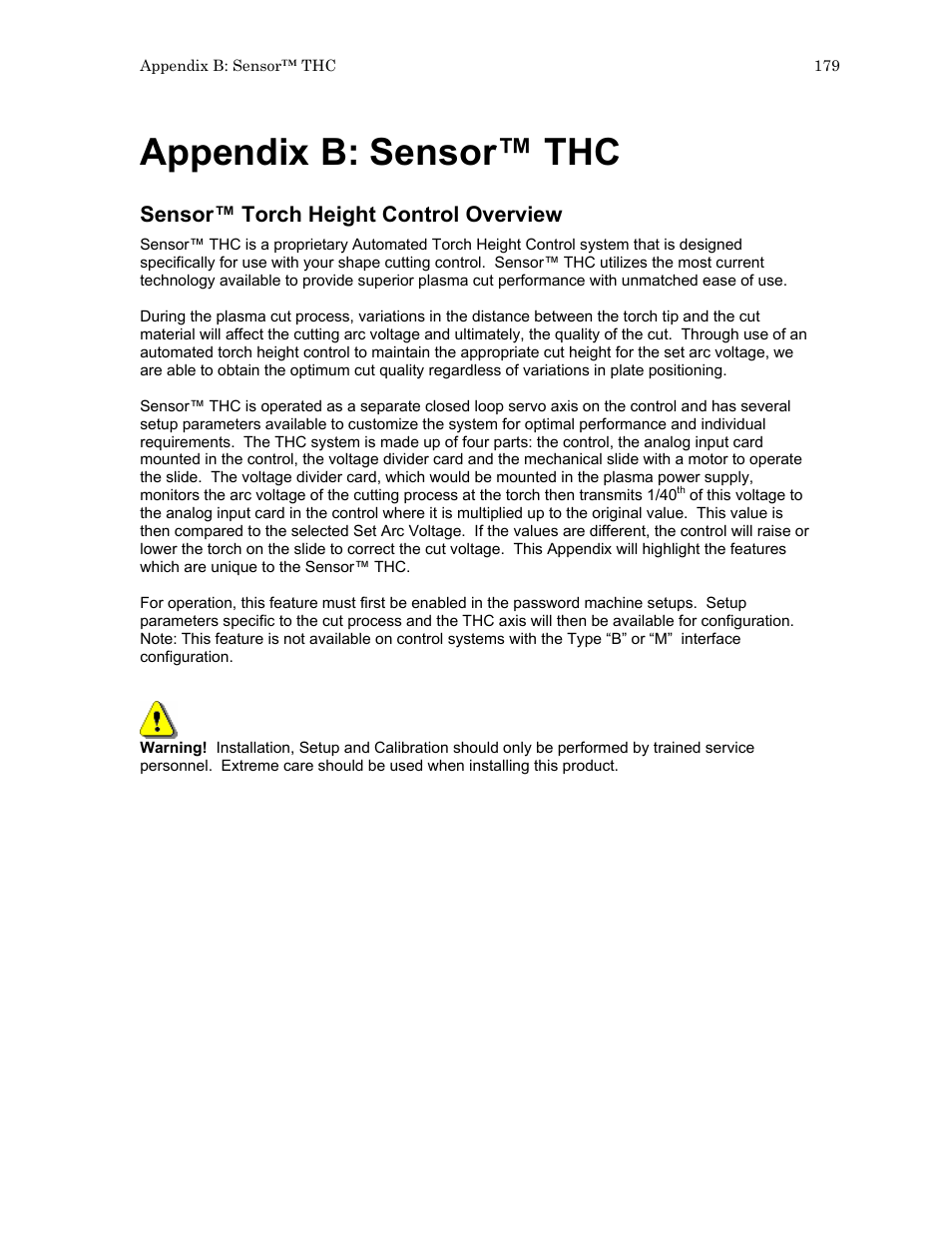 Appendix b: sensor™ thc, Sensor™ torch height control overview | Hypertherm HTA Rev 6.00 Operators Manual User Manual | Page 193 / 212