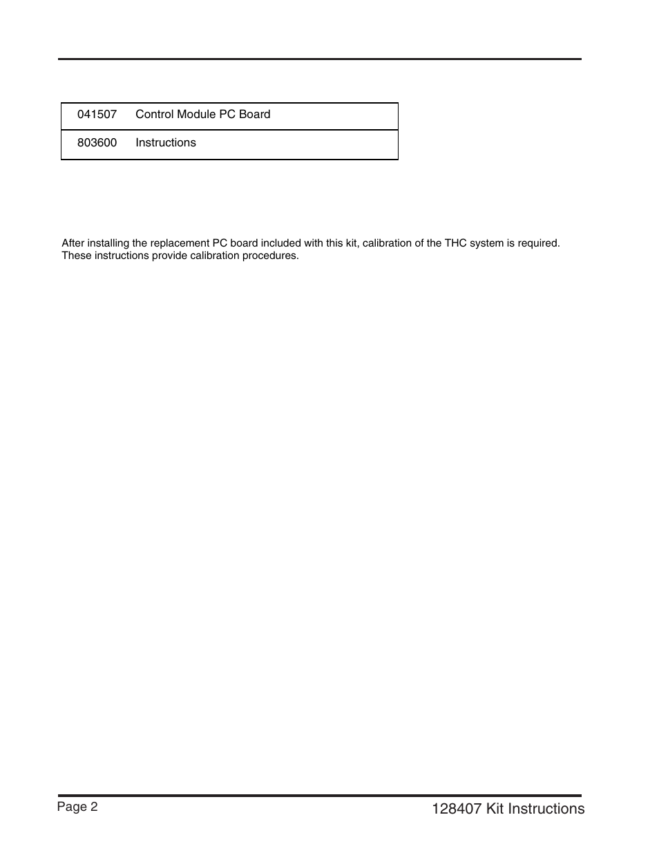 128407 kit contents, Command thc, Control pc board calibration | Hypertherm THC Control Board Replacement User Manual | Page 5 / 13