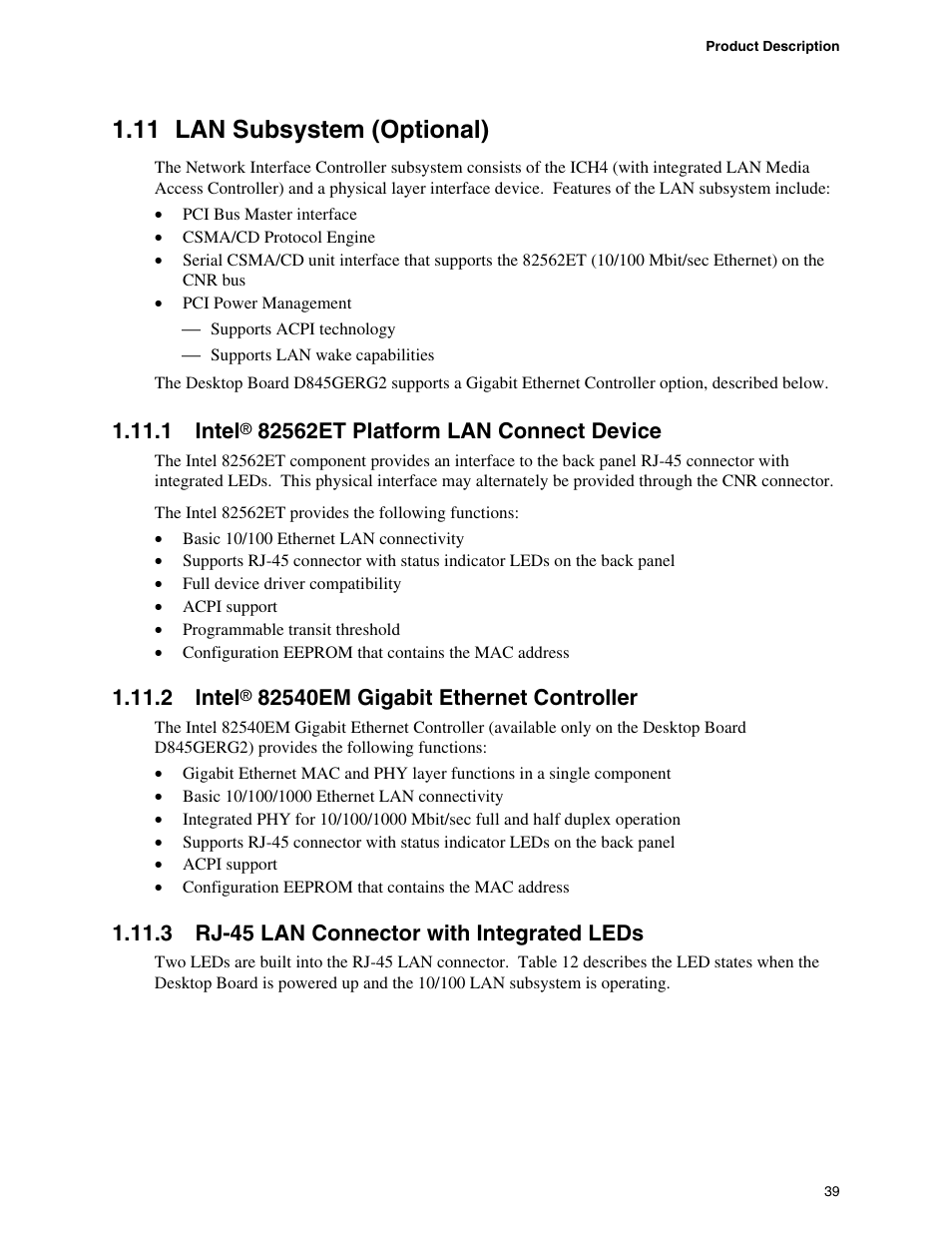 11 lan subsystem (optional), 1 intel® 82562et platform lan connect device, 2 intel® 82540em gigabit ethernet controller | 3 rj-45 lan connector with integrated leds | Hypertherm D845GEBV2 User Manual | Page 39 / 128
